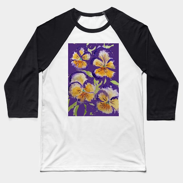 Viola Watercolor Purple Floral Pattern on Dark Purple Baseball T-Shirt by SarahRajkotwala